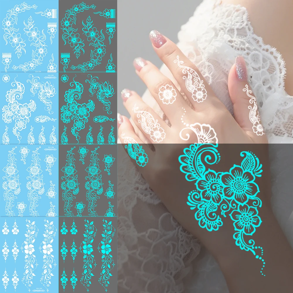 

Blue Luminous Henna Tattoo White Mandala Stickers for Hand Butterfly Fake Tattoo Women Body Art Flowers Feathers Glowing Tattoos