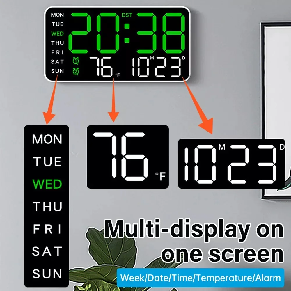 Large Digital Wall Clock Date Week Temperature Display Voice Control Table LED Alarm Clocks Brightness Adjustable 12/24H Clock