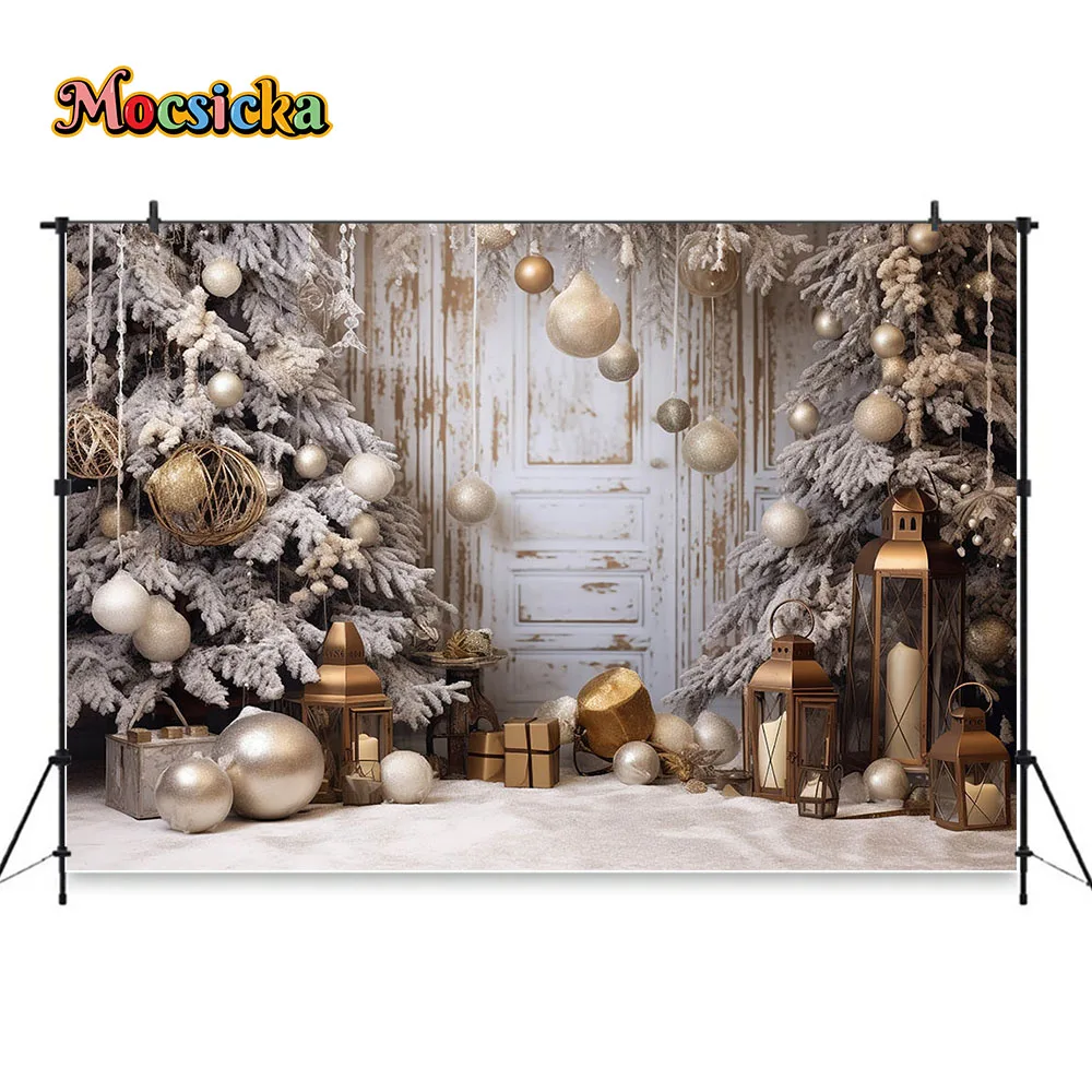 Winter Christmas Backdrops Photography Golden Xmas Ball Decor Snowy Pine Tree Background Photography Props Kids Photozone Studio