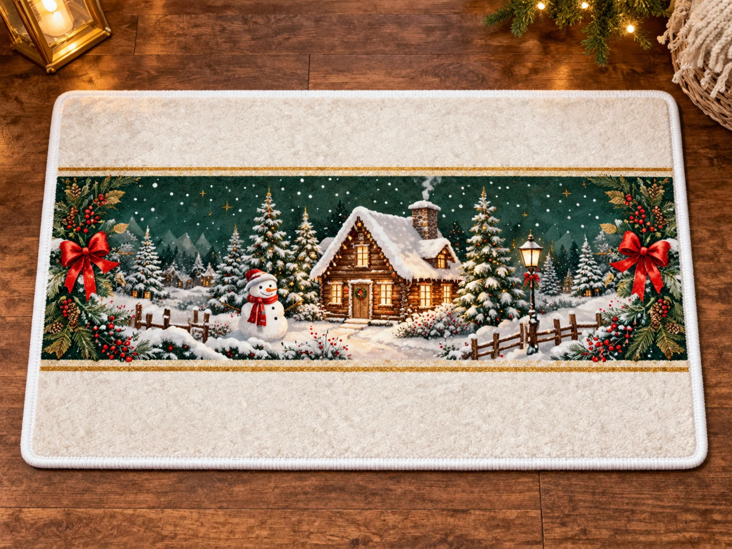 VIKAMA Christmas Green Silver House Flannel Door Mat, Quick Dry Non-Slip Floor Mat, Xmas Decor for Farmhouse, Entryway