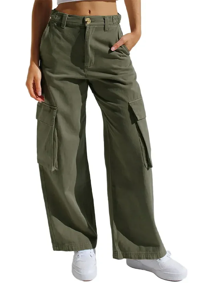 

Fashion Women Solid Loose Cargo Long Pants With Pockets Elegant High Waisted Wide Leg Trousers Sping Chic Lady Street Wear