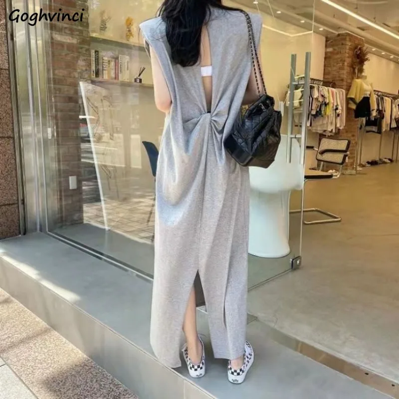 

Dresses Women Ankle-length Straight Solid Korean Fashion Loose Plus Size O-neck Sleeveless Leisure Casual Hollow Out Backless