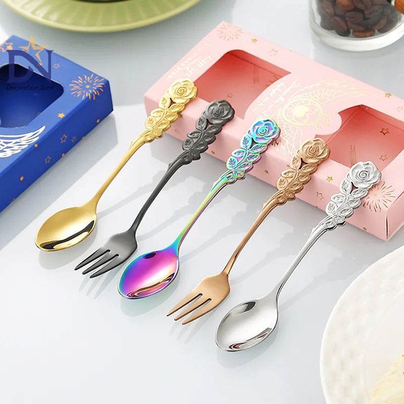 1/2Pcs Stainless Steel Rose Handle Salad Spoon Fork Household Dessert Forks Mini Fork Set Snack Cake Salad Cutlery Forks