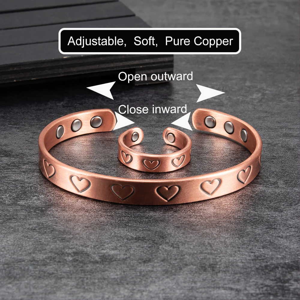 Vinterly Adjustable Couple Heart Bracelet Ring Magnetic Therapy Health Energy Jewelry Set Vintage Open Cuff Resizable Magnet
