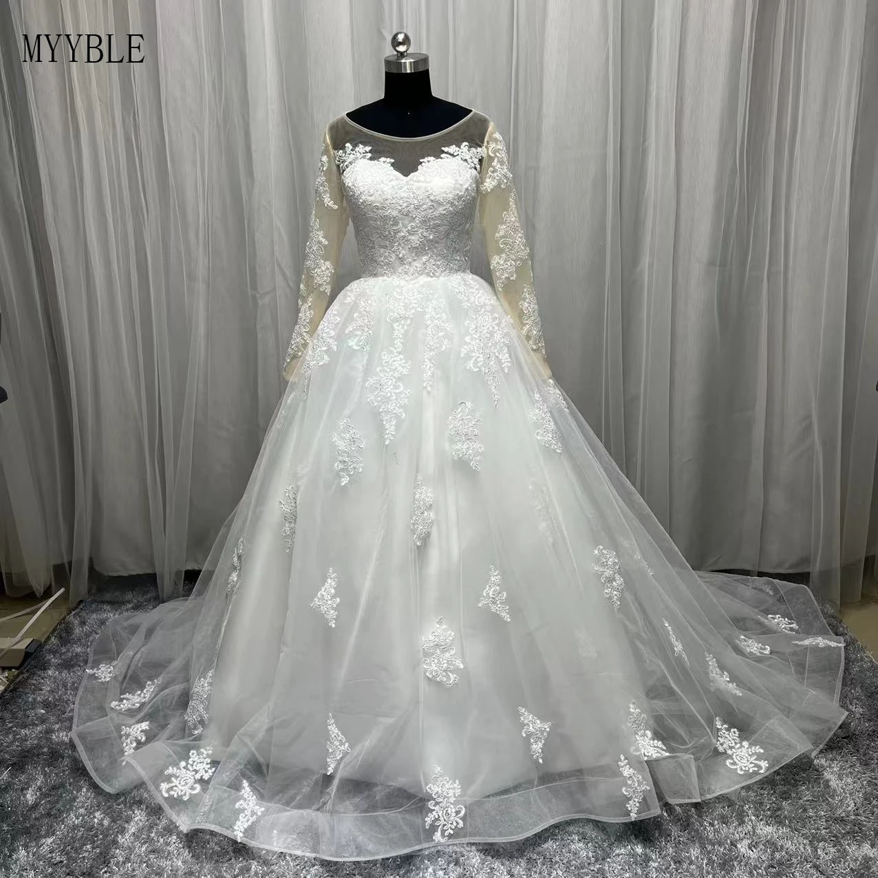 Gaun Pengantin Desainer Foto Asli 2022 Gaun Pesta Applique Renda Leher O Vestidos De Novias Gaun Pengantin Ukuran Plus Lengan Panjang