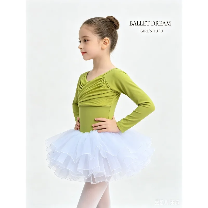 Ballet Leotard Long Sleeve Cross Ruched Front Hollow Back Spliced Tutu Bodysuit Studio Practice Stage Performance Dance Outfit