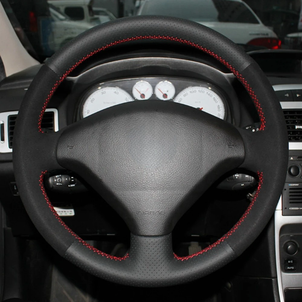 Anti-slip Black Genuine Leather Suede Car Steering Wheel Cover For Peugeot 307 2001-2008 307 SW 2005-2008 Expert Partner 206 308