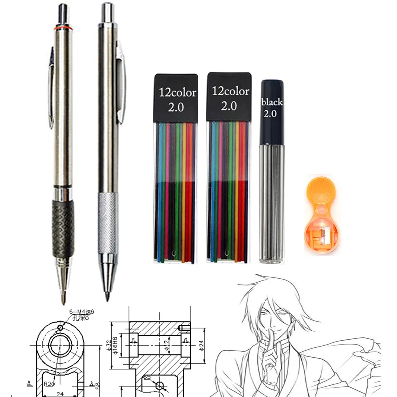 

2.0 Mm Mechanical Pencil Full Metal Automatic 2mm Color Pen School Black Lead Color Refill For Painting Engineering Drawing