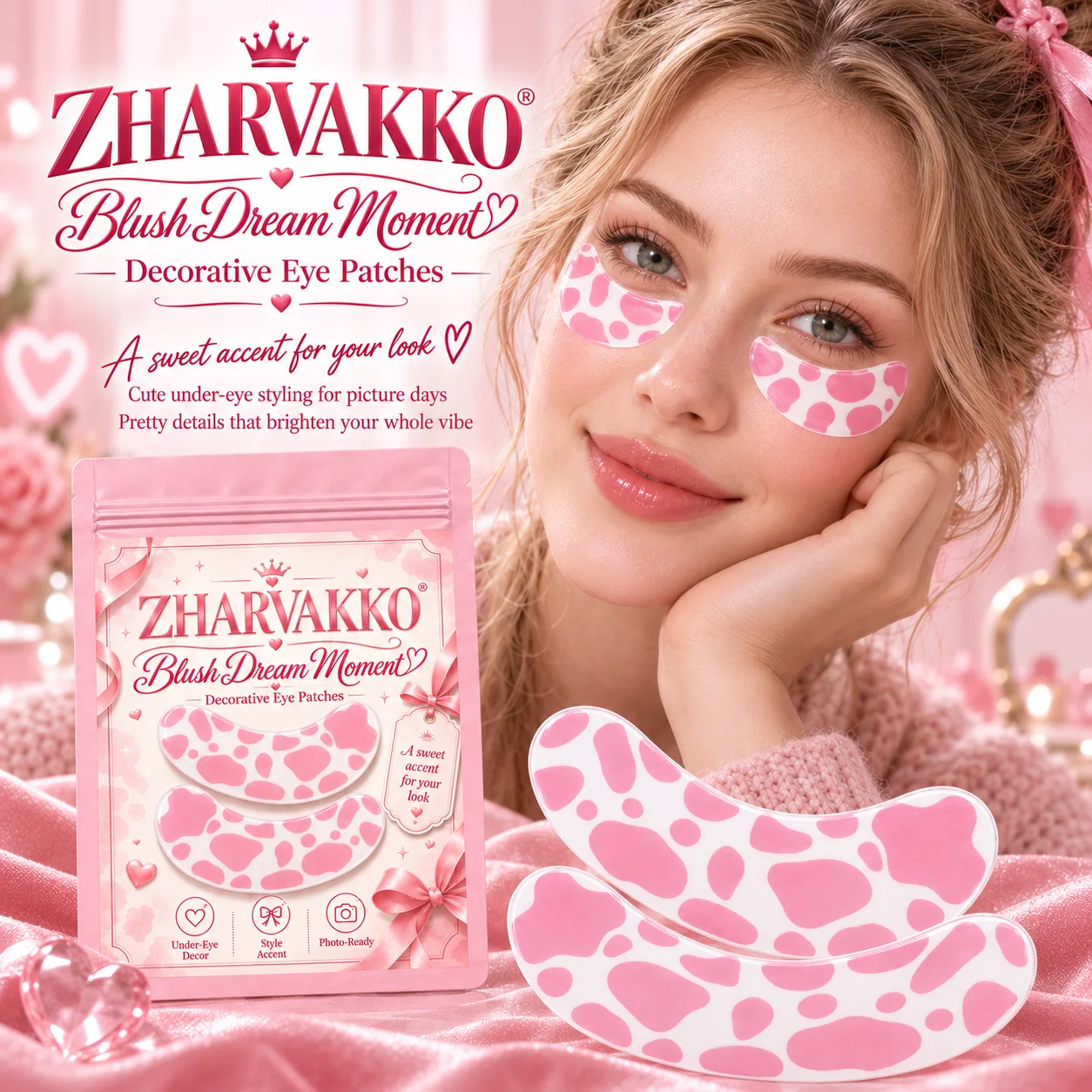 4/8pcs Pink Cow Print Decorative Eye Patches, Glossy-Look, Playful Under-Eye Accents for Coquette Makeup, Selfies & Y2K Style