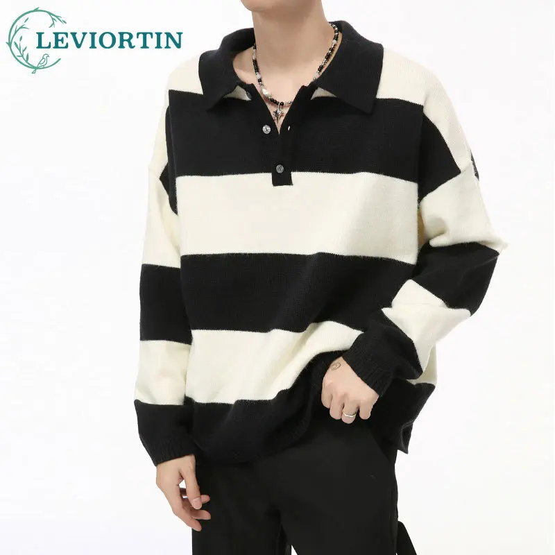 

Men's Coarse Striped Contrast Lazy Knitted Sweater Autumn Polo Collar Long Sleeve Pullover Shirt Casual Loose Knit Sweater