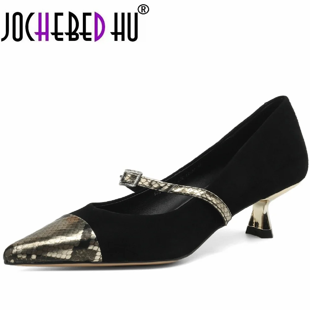 

【JOCHEBED HU】Pointed Toe Women Pumps Spring Summer Fashion Mixed Colors Genuine Leather Dress Office Ladies Mature Shoes 33-43