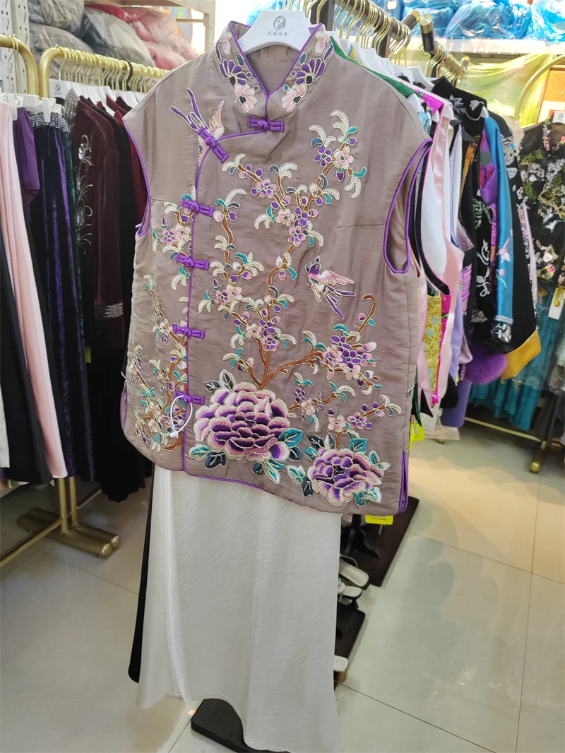 

New Chinese Sle Silk Acetate Embroidered Vest Women's Jaet Tang Suit Song Jin Materni Outerwear Cotton Lined round Ne