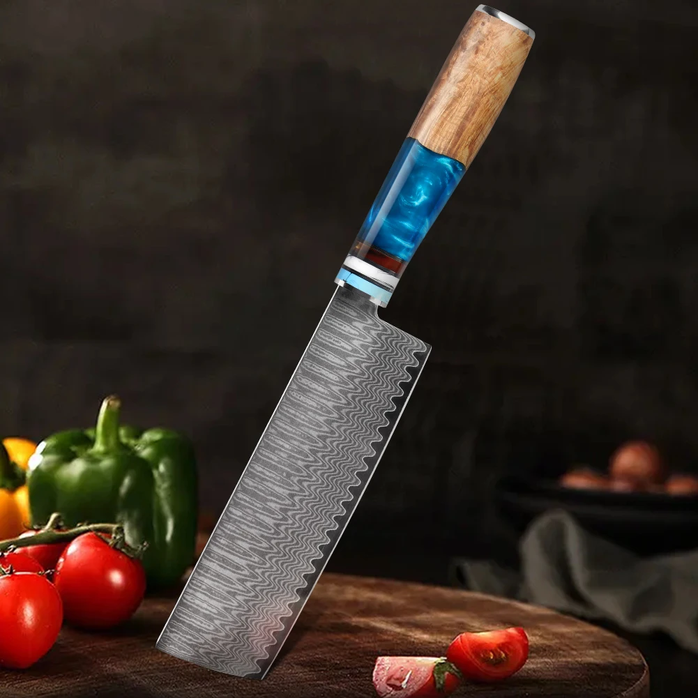 Nakiri Kochmesser mit 17cm Damaszener Klinge, Küchenmesser aus VG-10 Stahl, Professionelles Damaszener Stahl Nakiri Kochmesser – Detail 1