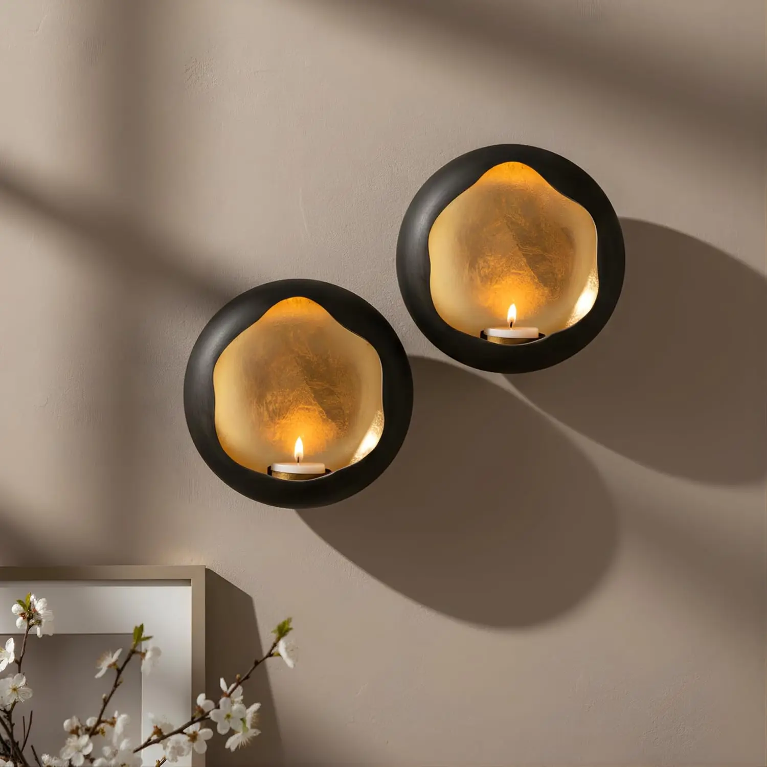 

Set of 2 Handcrafted Gold Metal Wall Candle Sconces for Living Room Decorative Tea Light Holders