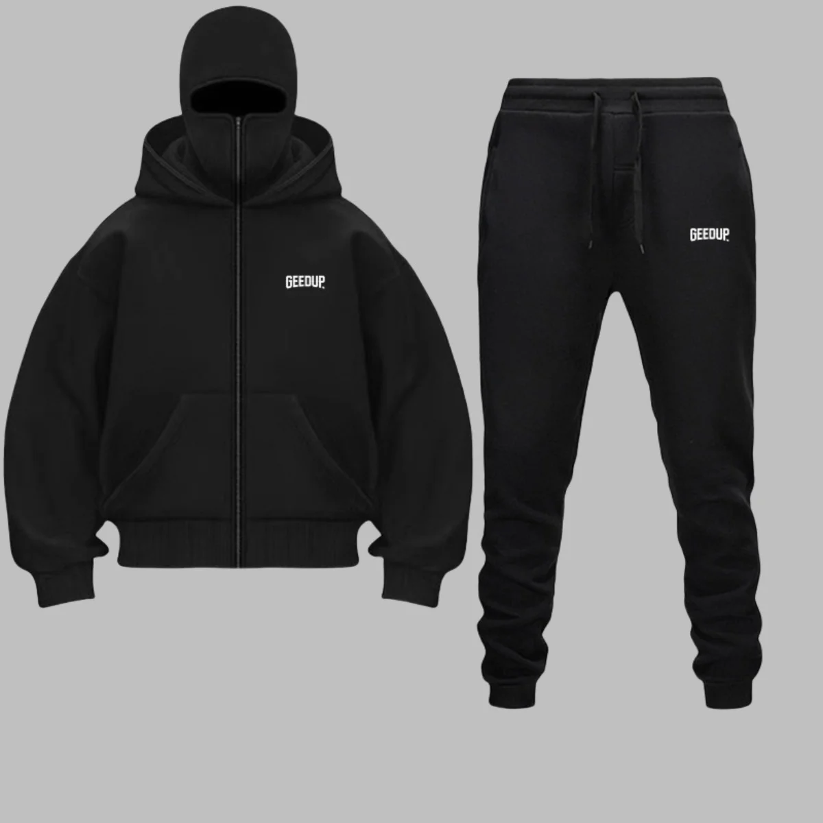 

Men's Autumn/Winter Zippered Hooded Sweatshirt Set Windproof Balakrava Street Fashion Ninja Letter Design Two-Piece Set