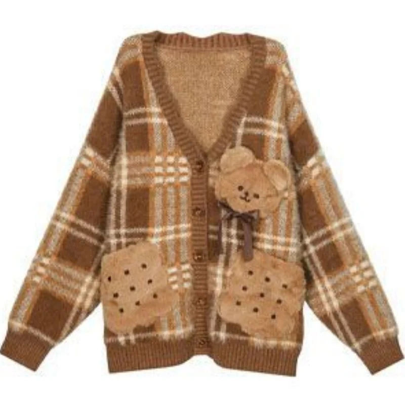 

2025 New Autumn Bear Plaid Cardigan Women Casual V-neck Woolen Knitted Sweater Single Breaste Jacket Soft Knitwear Coat