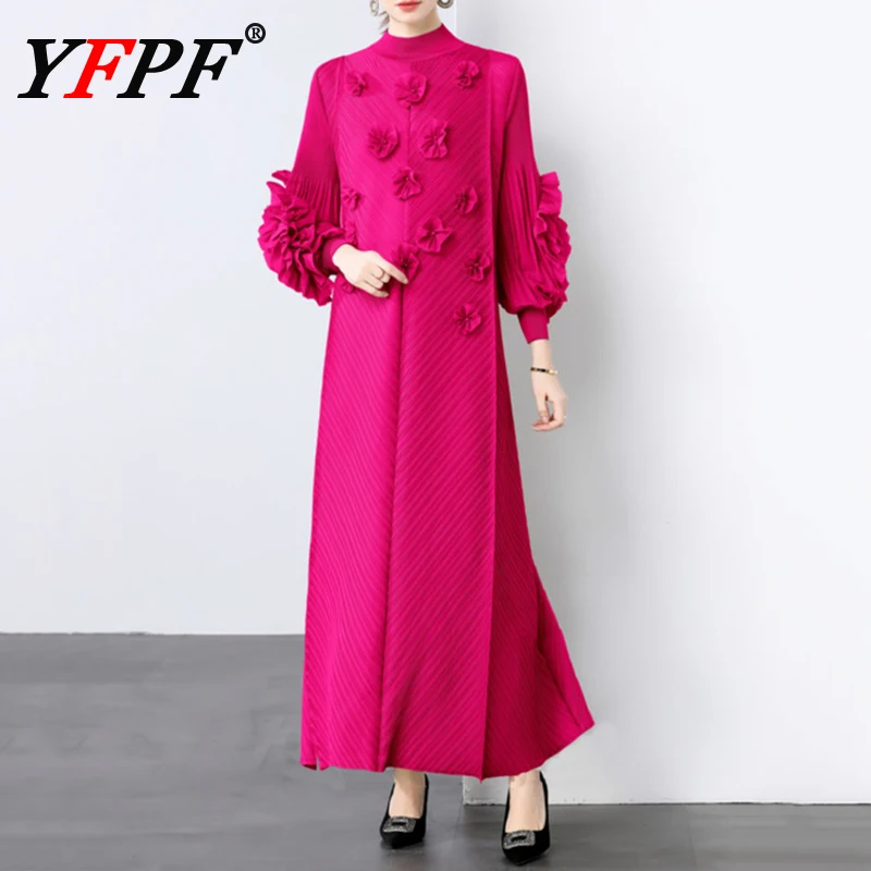 

YFPF Miyake Pleated Many Colors Dress Women 3D Floral Spliced Lantern Sleeve Long Dresses 2025 Elegant New Clothing 3A406