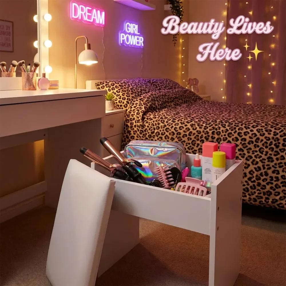 

Vanity Stool, Cute Vanity Stools With Cushion, White Makeup Vanity Chair For Small Spaces, Living Room, Bedroom, Bathroom, Entr
