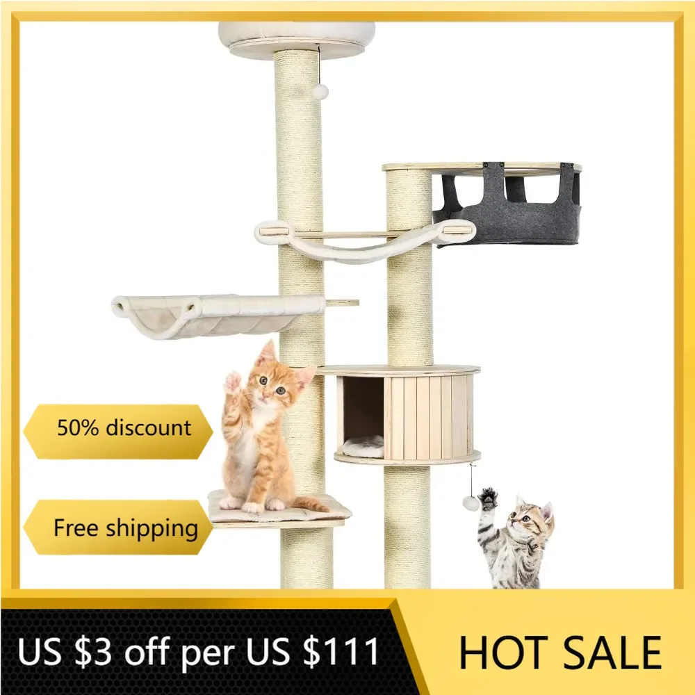 

Multi-Level Tall Cat Tower with Sisal Scratching Posts, Hammocks, Hanging Basket, Cat Condo and Removable Washable Cushions