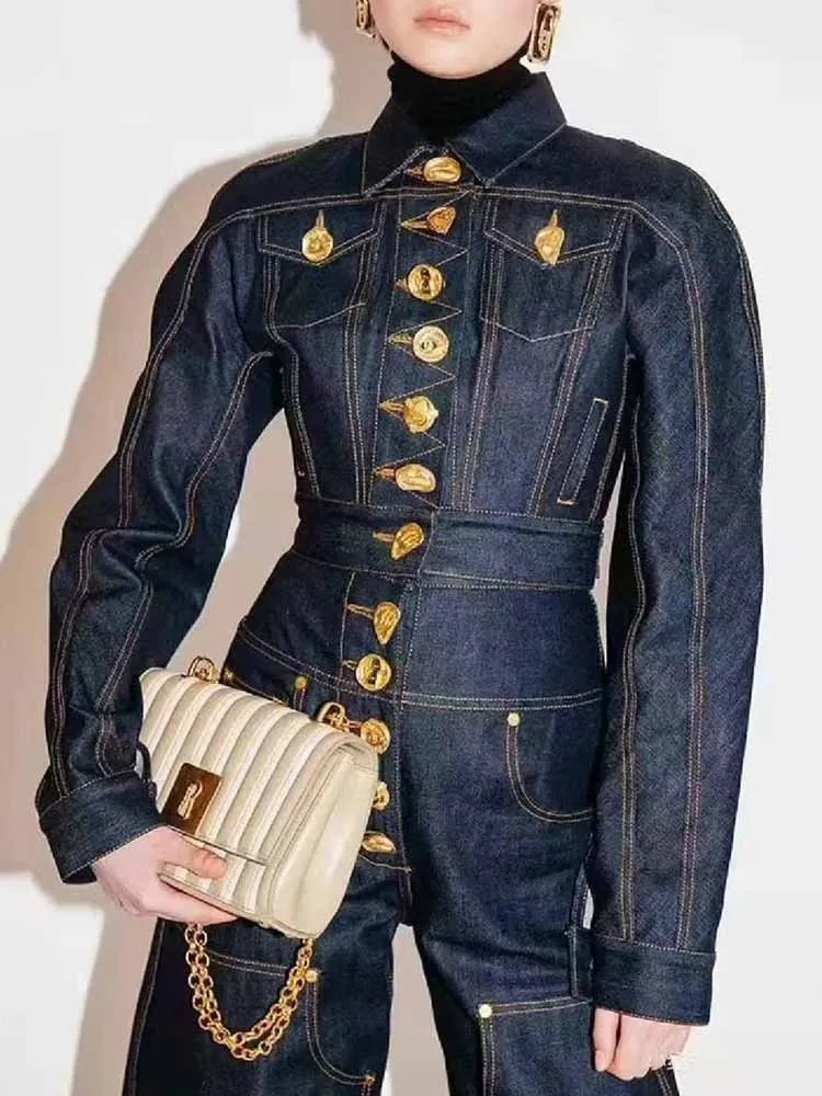 MCDV épissé bouton en métal Denim veste pantalon ensemble femmes Chic rue revers à manches longues manteau ample taille haute jean 2 pièces tenues
