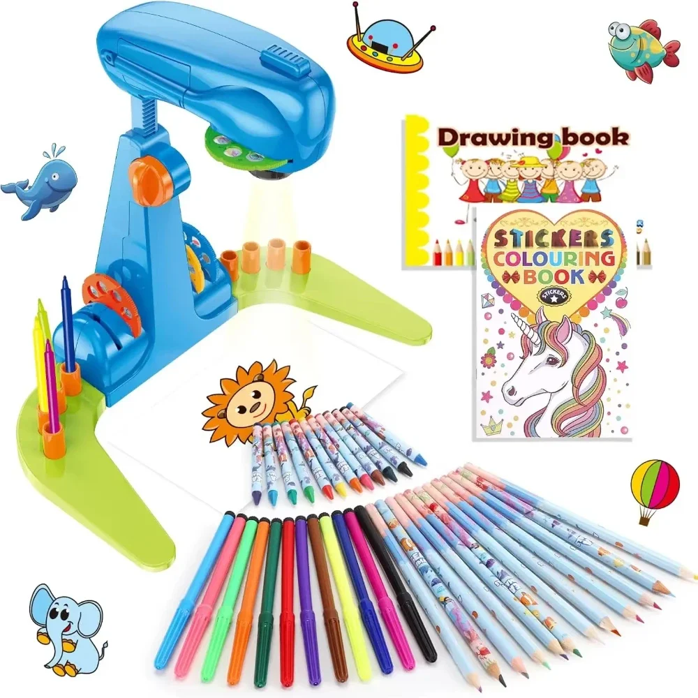 

Art and Craft Kit Picture Projector for Kids,Drawing Kit Gift for Boys Girls Including Colored Pencils, Crayons,Coloring Books