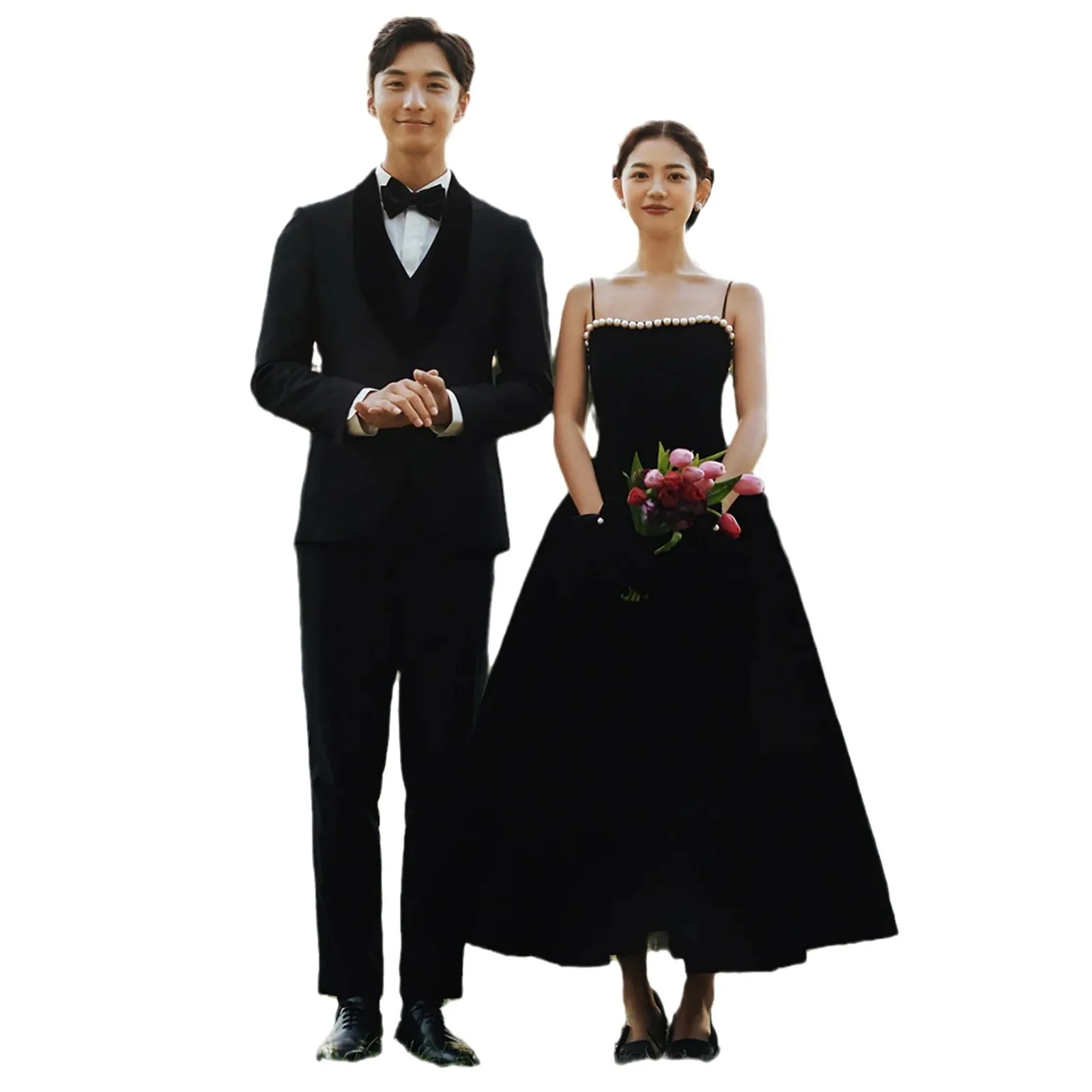 French Evening Dress High-End Black Camisole Velvet Studio Theme Couple Taking Pictures Light Wedding Mid-Length