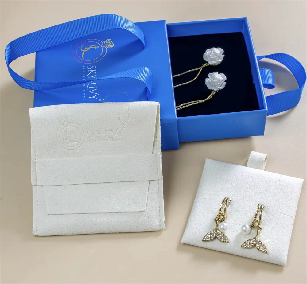 New Custom Blue Jewelry Box and Pouch Packaging with Insert Pad, Envelope Jewelry Bag with Logo