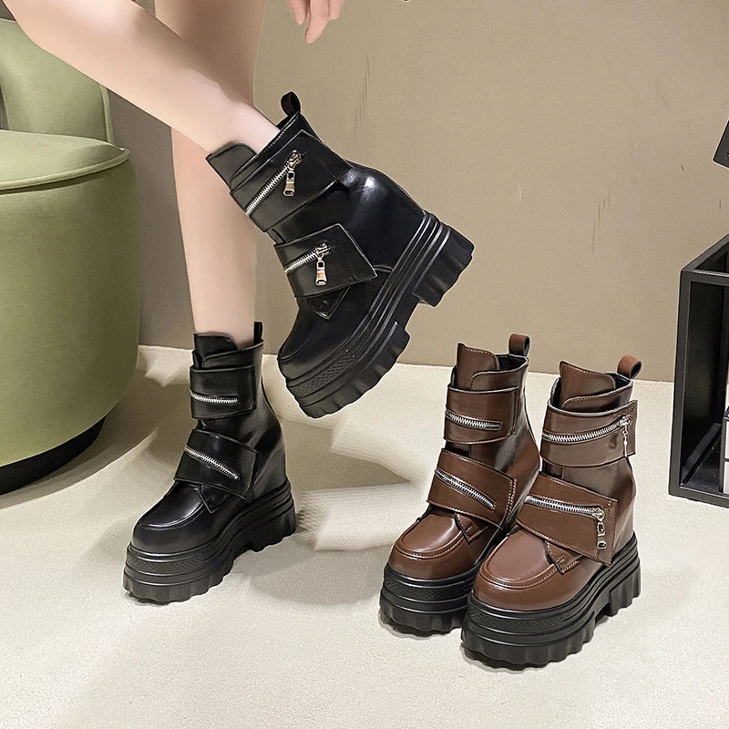 Women Leather Punk Boots New 2024 Autumn Ankle Boots High Platform Shoes Woman 11CM Heels Chunky Motorcycle Boots Booties Mujer