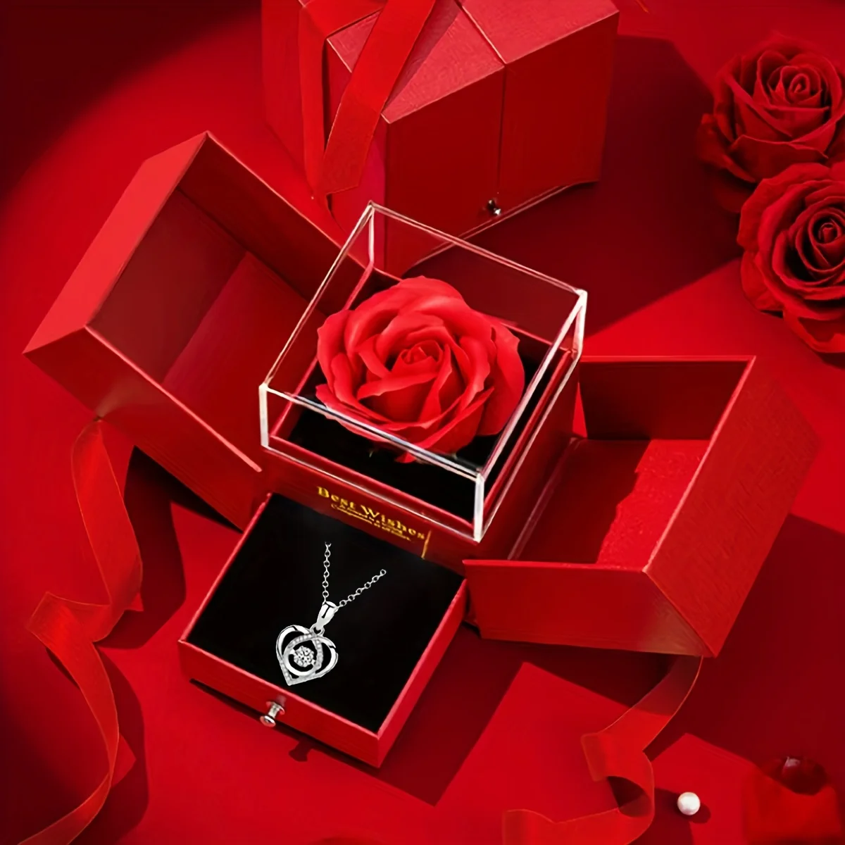 قلادة نسائية على شكل قلب مزدوج في صندوق هدايا وردي - هدية مجوهرات أنيقة أحبك مناسبة للأم والزوجة والصديقة