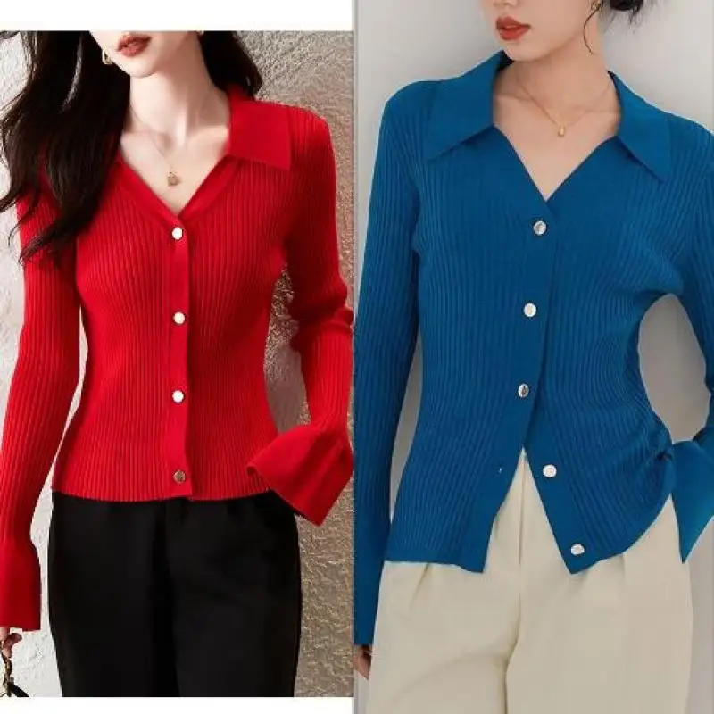 Red Polo Neck Knitted Cardigan Women Slim Long Sleeve Temperament Bottoming Shirt