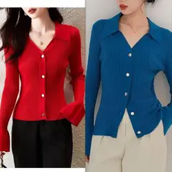 Red Polo Neck Knitted Cardigan Women Slim Long Sleeve Temperament Bottoming Shirt