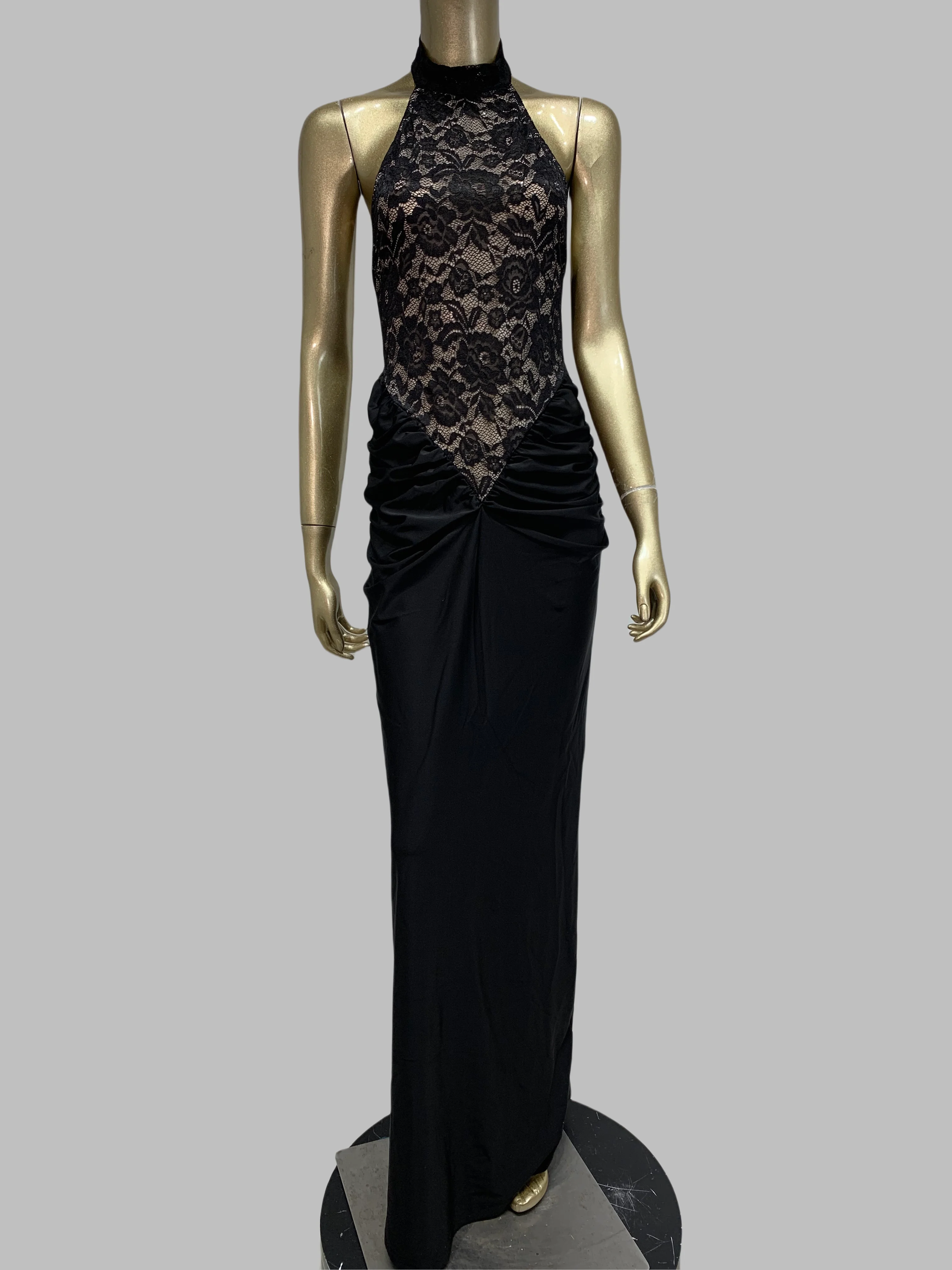 High end moda feminina vestidos de baile de luxo elegante preto halter sem costas rendas bordado retalhos maxi longo vestido de festa à noite