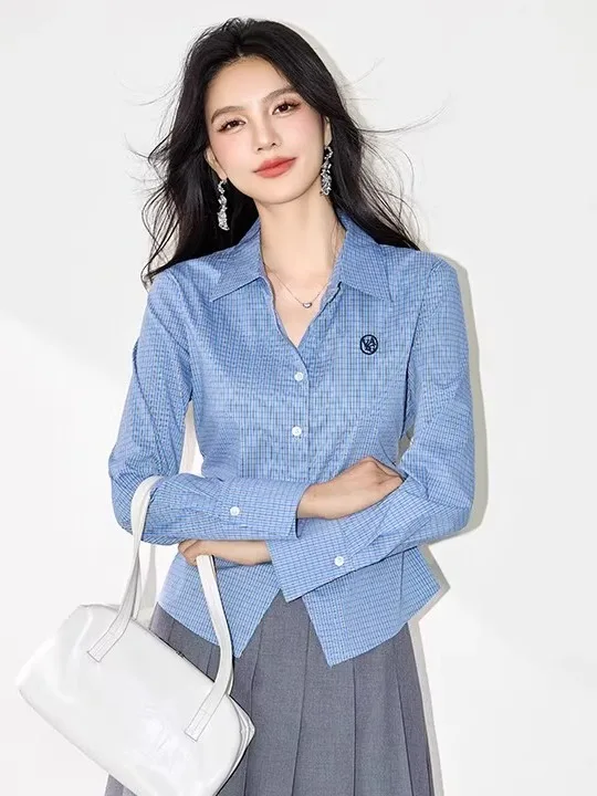 

Blue Plaid Long Sve irt Women's Autumn Winter Spring New Waist Cinched Ladies' Blouse Top Faionable Versatile Polyeste...