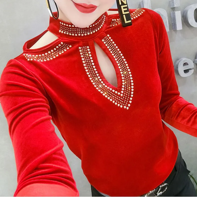 2023 Autumn Winter Long Sleeve Solid Color T-shirt Vintage Cut Out Chic Diamonds Female Clothing Half High Collar Slim Pullovers