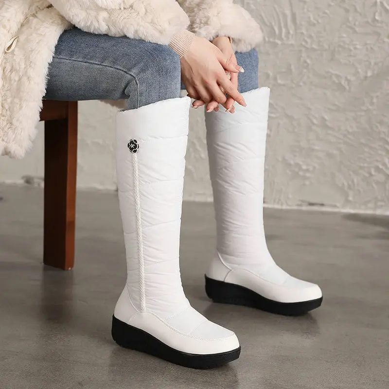 Womens  Cold Weather Knee High Snow Boots Down Waterproof Wedge Platform Fur Warm Lining Outdoor Winter Fashion Botas