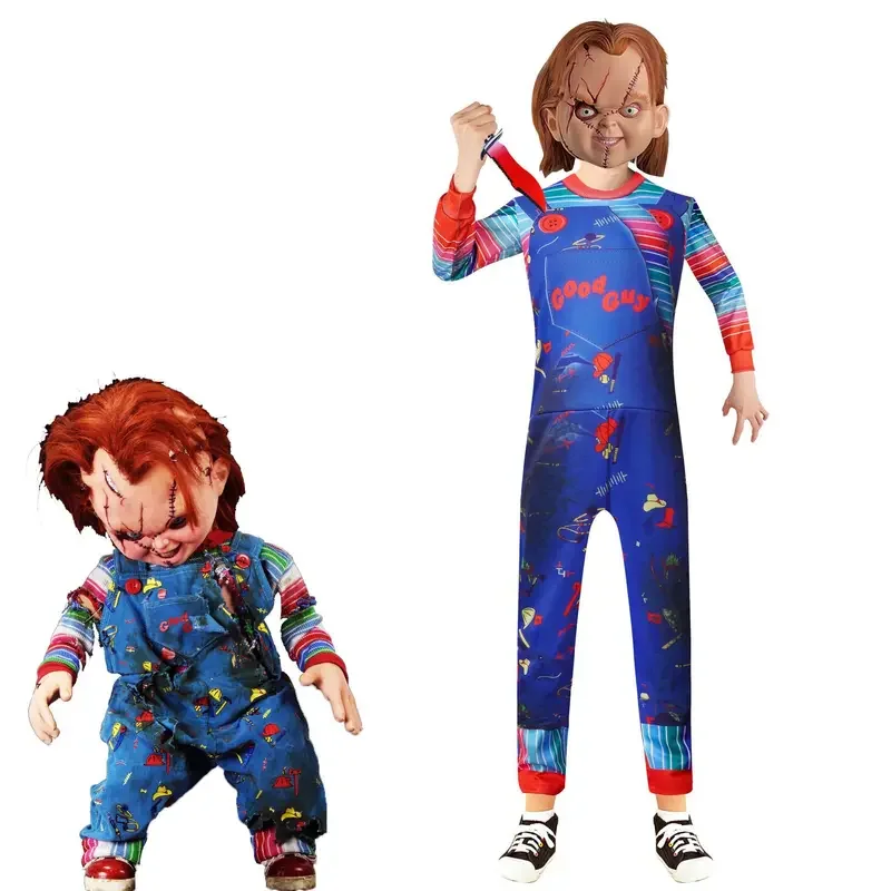 Disfraz de Cosplay de Chucky para niños, muñeca fantasma, conjunto completo, máscara, cuchillo de plástico, Disfraces de Halloween de terror, vestido de Festival de pesadilla para niña