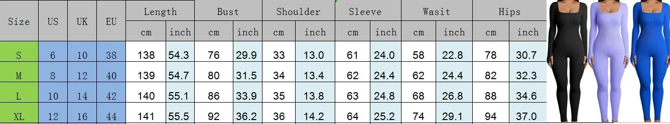 Women Jumpsuit Skinny Solid Color Ribbed Knit Long Sleeve Square Neck Bodycon Jumpsuit Romper Work Out Sport Yoga Playsuits