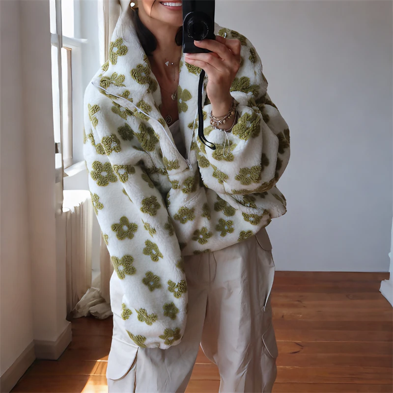 Ticketsx Floral Print Imitation Lamb Wool Hoodie Women's Full Sleeve Zip Pocket Loose Top Lady Autumn Chic Casual Holiday Coat