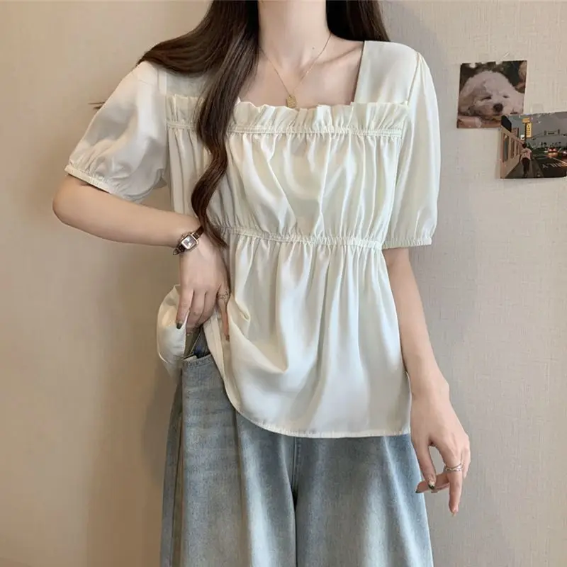 Pleated Loose Black All-match Youth Blouse Summer New Short Sleeve Solid Color Casual Shirt Tops Sweet Fashion Women Clothing