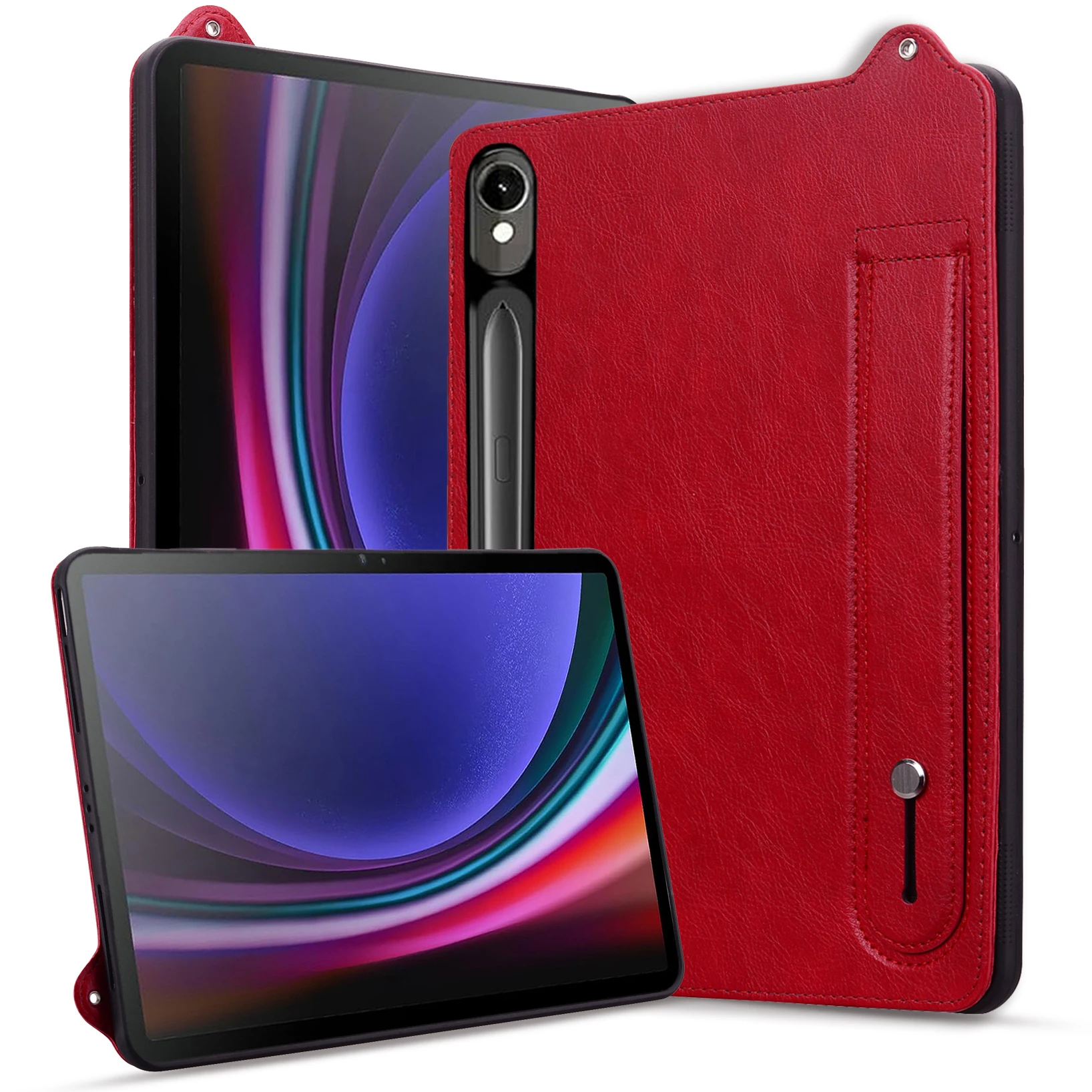 Leather Case For Samsung Galaxy Tab S11 / S10 Lite / S10 FE / S9 / S9 FE / S8 / S7 , Hand Strap Kickstand Tablet Cover - Red