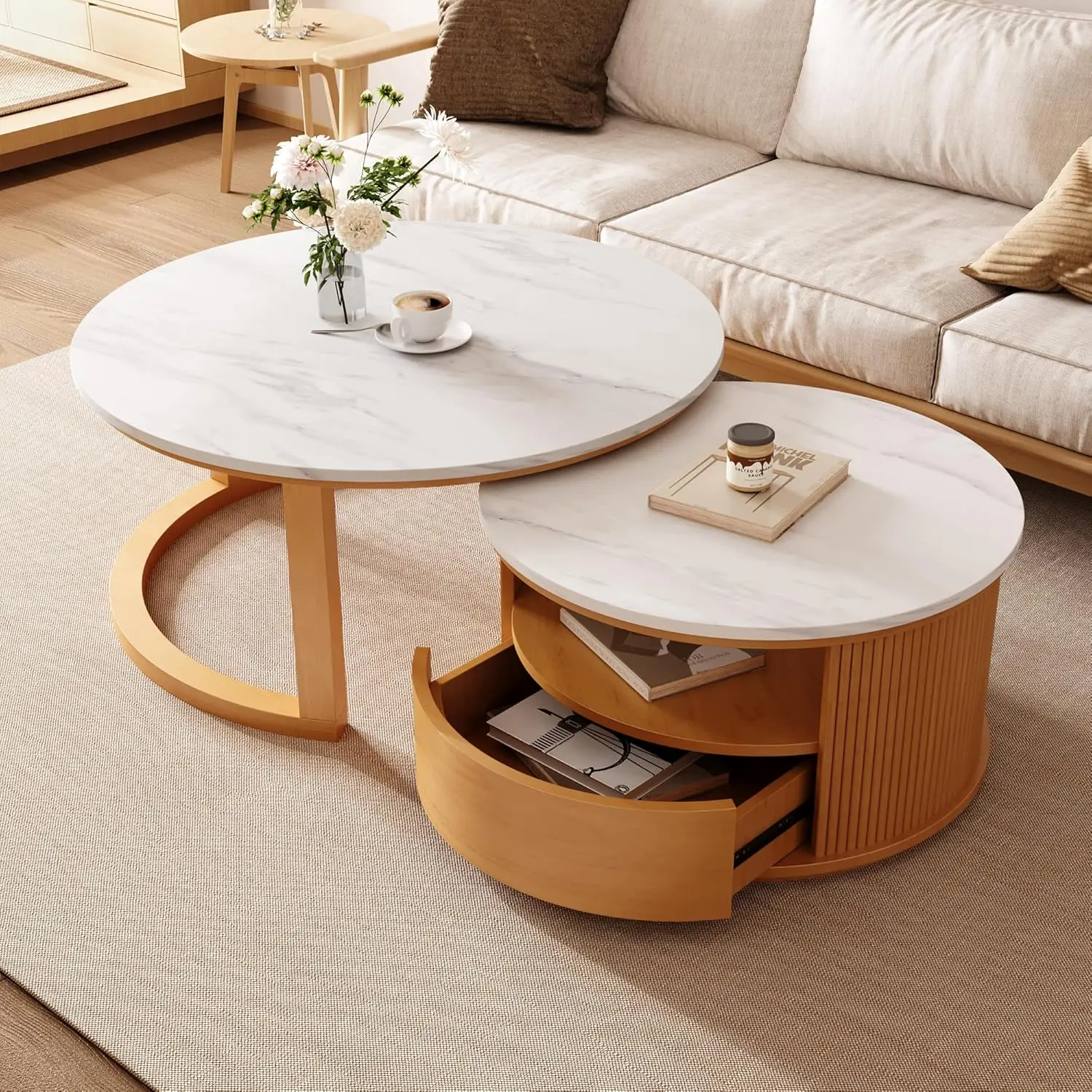 

28.5" Natural Round Nesting Coffee Table Set - Elegant Luxurious 2-Tier Table with White Marble Top,