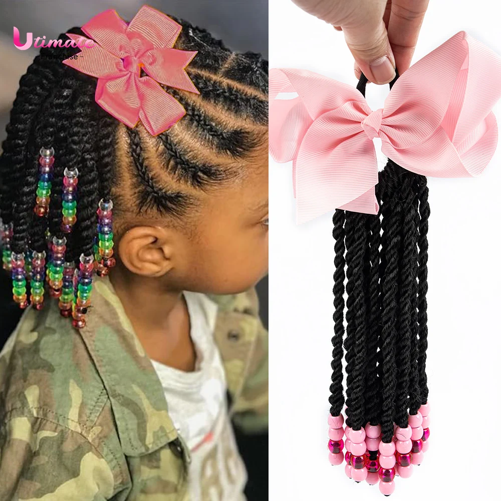 

Детские плетеные хвостики с эластичными бусинами для девочек, парики с украшением из бисера, синтетический шиньон, черный цвет