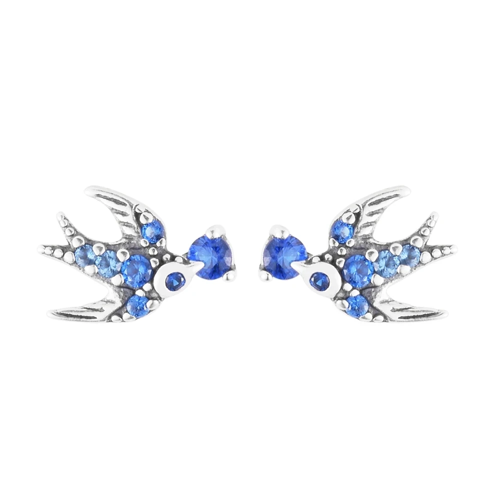 

Woman Make Up Blue Crystals 925 Sterling Silver Sparkling Swallow Stud Earrings for Women Classic Daily Shine Jewellery