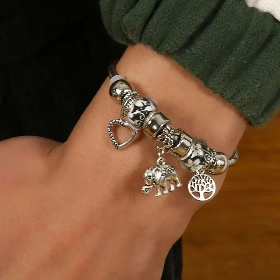 Obega Heart Elephant Lucky Tree Pendant Charm Bracelet Shiny Silver ColorMetal Bead Cuff Bangle Simple Style Ins Party Jewelry