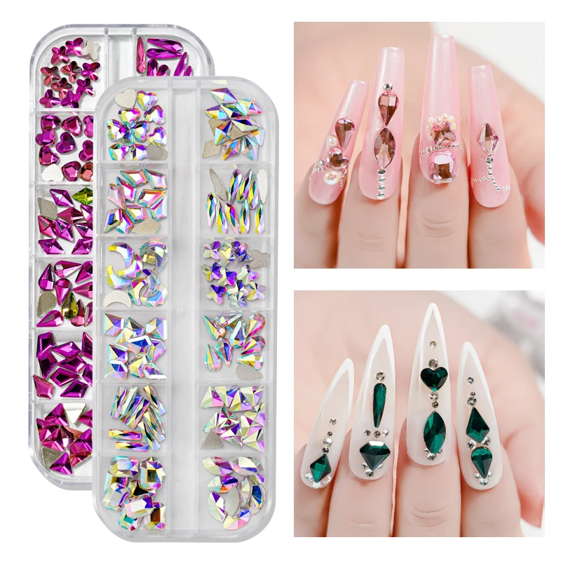 12Gird Multi-shapes Nail Art Rhinestones Flatback Crystal Nail Diamond Gems 3D Shiny Glass Nail Charms Stones Manicure Supplies