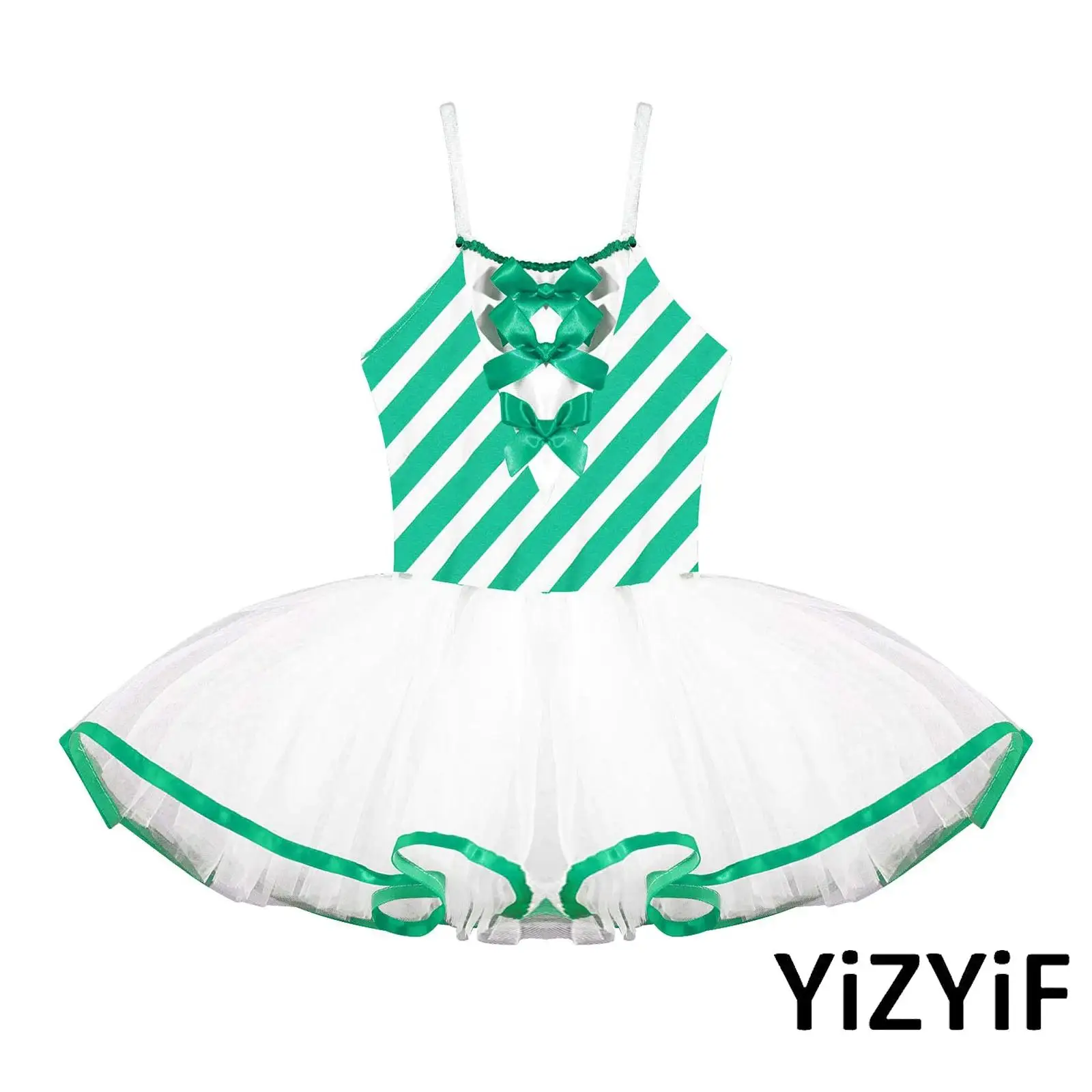 

Girls Ballet Tutu Dance Dress Stripes Print Kids Sleeveless Adjustable Straps Bowknot Adorned Mesh Tutu Dress Christmas Party