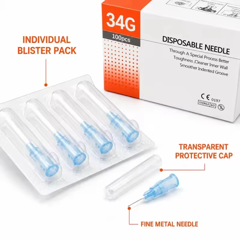 100Pcs/Box Ultra Fine 34G Disposable Sterile Meso Needle 1.5/2.5/4/6/8/13mm Painless Beauty Injection Needle For Dermal Filler