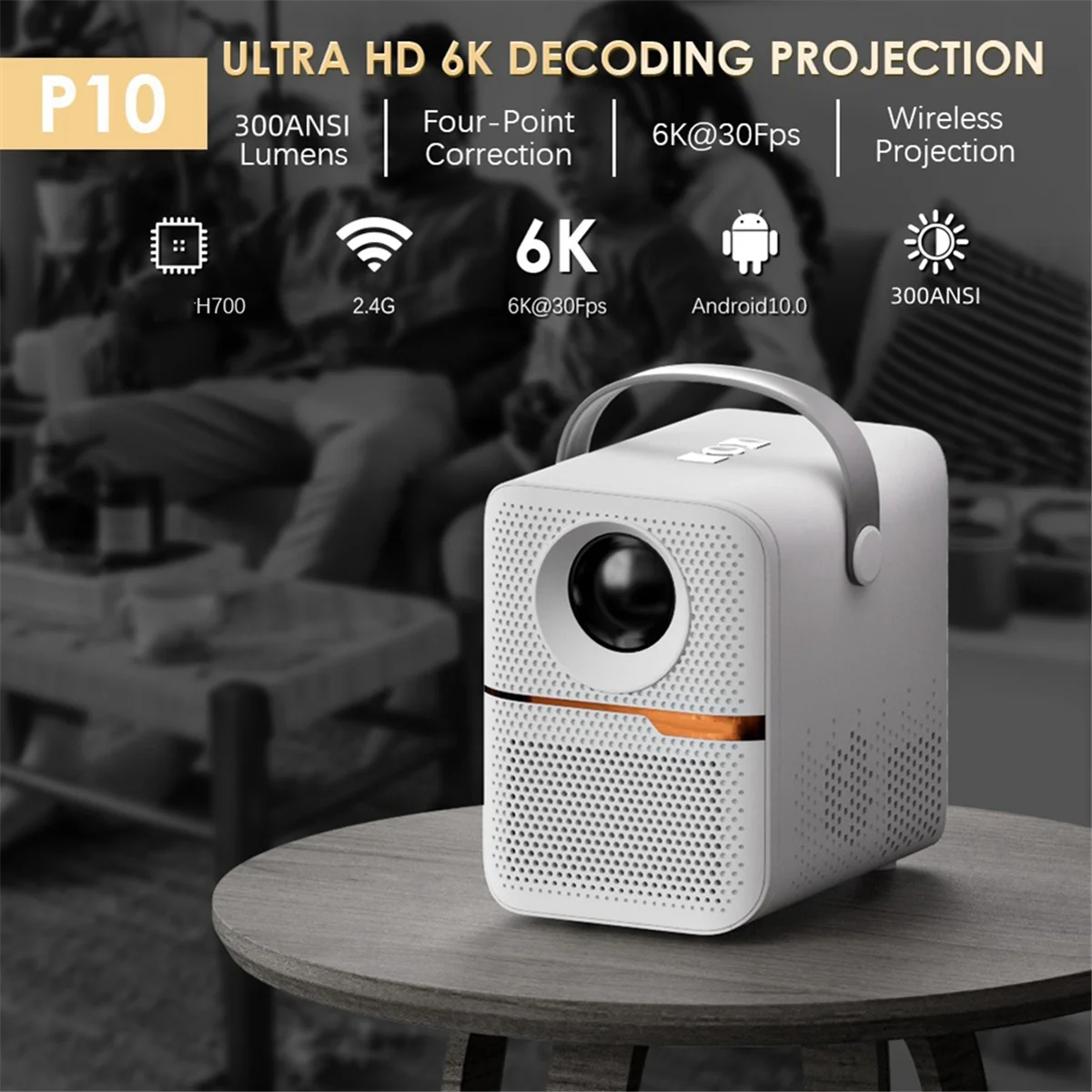 HOT P10 Smart 4K WiFi Portable 1080P Home Theater Video LED Bluetooth Mini Projector Android 10 Projector US PLUG(White)