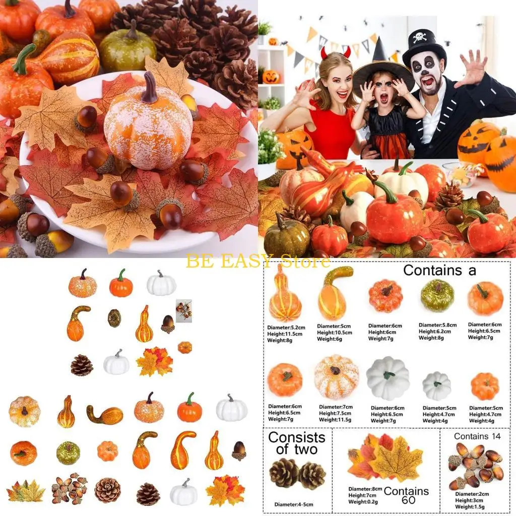 E28F Artificial Pumpkins Maple Leaves Pine Cones Acorns Set Fake Pumpkin Vegetables