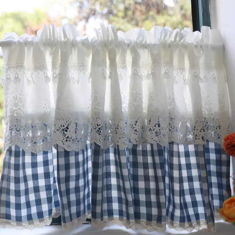 Lace Buffalo Check Curtains Cafe Short Window Curtain Rod Pocket Plaid Gingham Half Tier Curtains for Bedroom Kitchen Home Decor